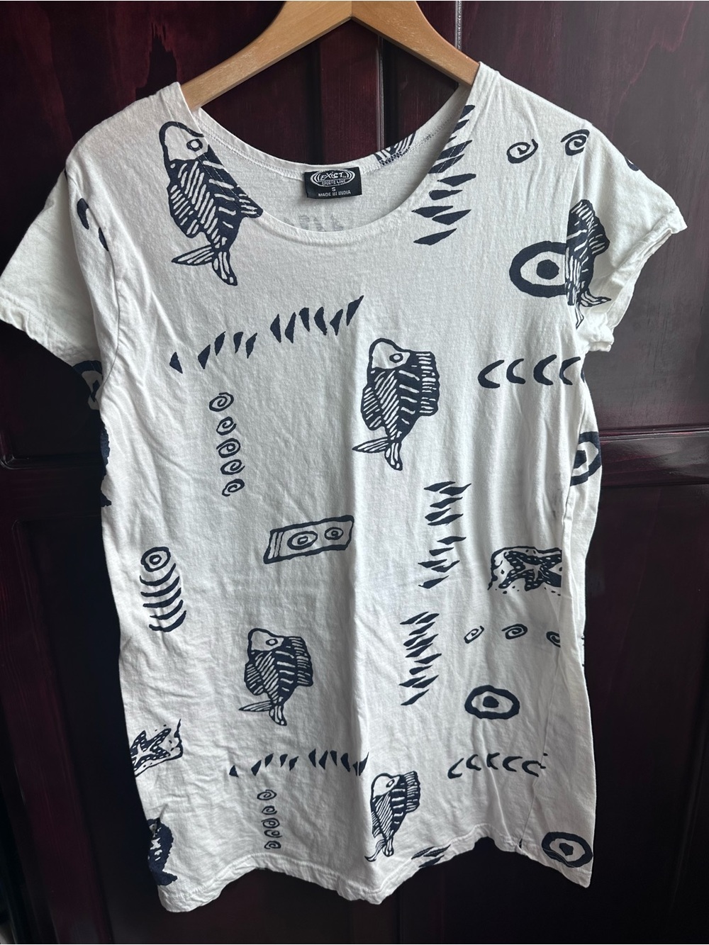Vintage Exist Cotton Shirt Dress with Navy Fish and Geometric Abstract Graphics